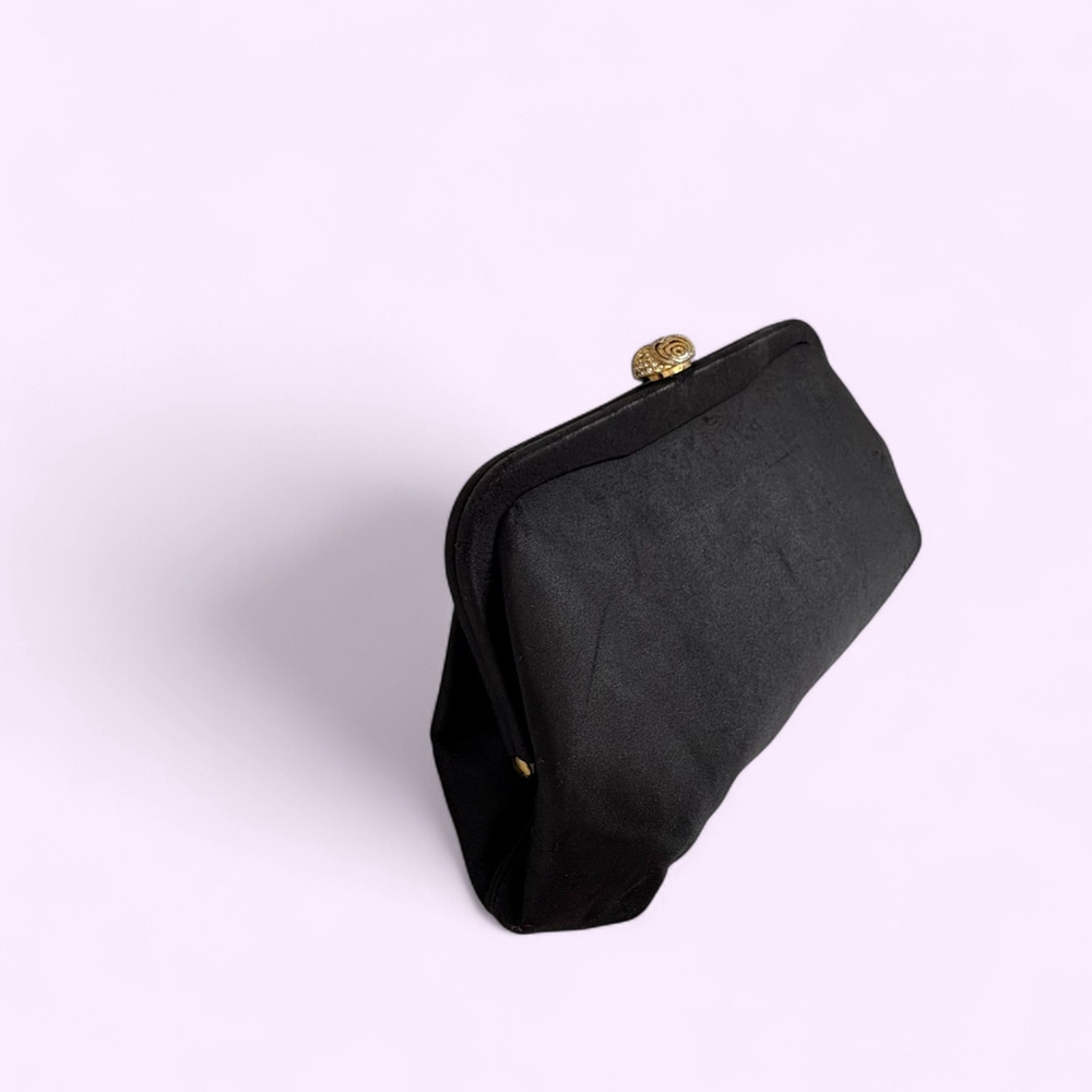 1950s Black Satin Clutch Rhinestone Gold Clasp - Picture 3 of 10